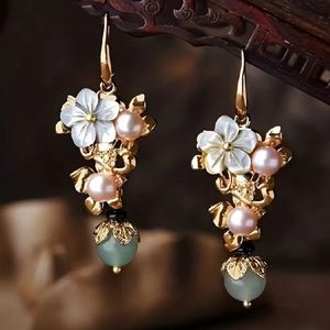 NEW Floral Elegant Jade Drop Earrings Gold plated Pearl